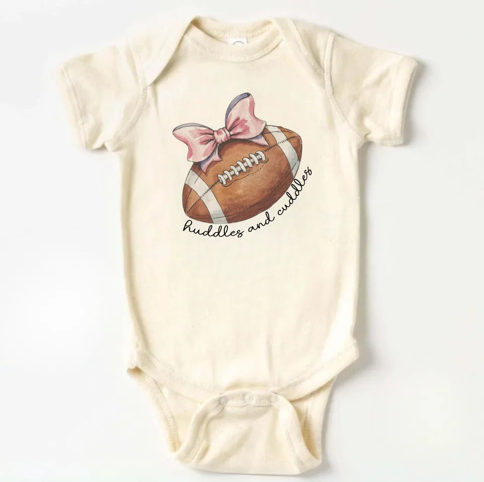 Baby Girl Football Onesie Huddles & Cuddles Football Baby Long Sleeve Natural Onesie - Cute Fall Natural Bodysuit OS551