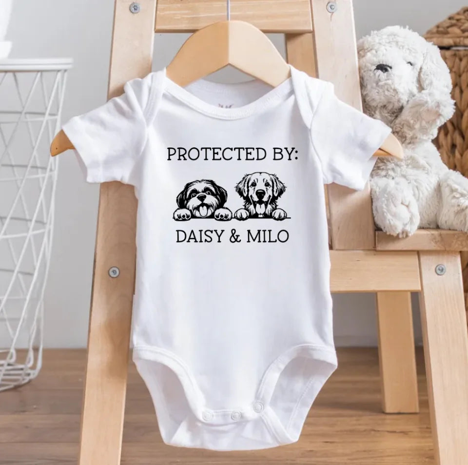 Baby Shower Gift, Protected By Dog Baby Onesie, Custom Dog Baby Onesie, Personalized Dog Name Baby Bodysuit, Baby Gift, Custom Pet Baby Onesie OS2541