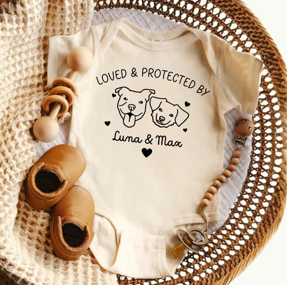 Personalised Protected By Dogs Babygrow, Protected By Dog Baby Vest, New Baby Gift, Dog Owner Baby Gift, Baby Sleepsuit Protected By Dog OS0475