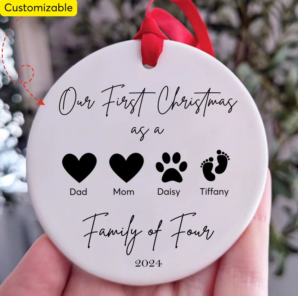 Personalised First Christmas as a Family of 4-12 Members, Baby First Christmas Tree Ornament, 1st Xmas Ceramic Ornament ON8640