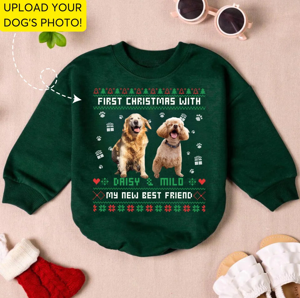 Custom Dog & Cat Photo Christmas Baby Bodysuit, Personalized Custom Dog Photo Baby Romper, Funny Christmas Gift For Pet Owners, Pet Lovers BR24TH