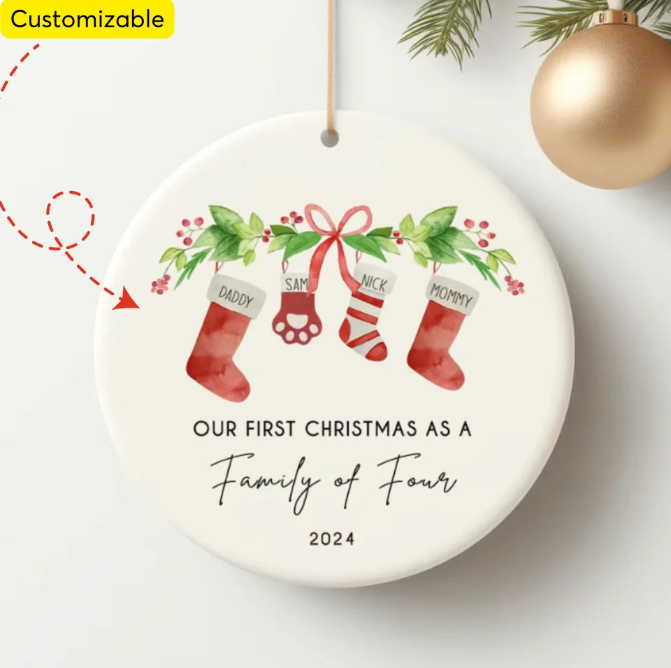 Our First Christmas Ornament Personalized Gift, 2024 Christmas Engaged Ceramic Ornament Decor, Family of Three or More ON14