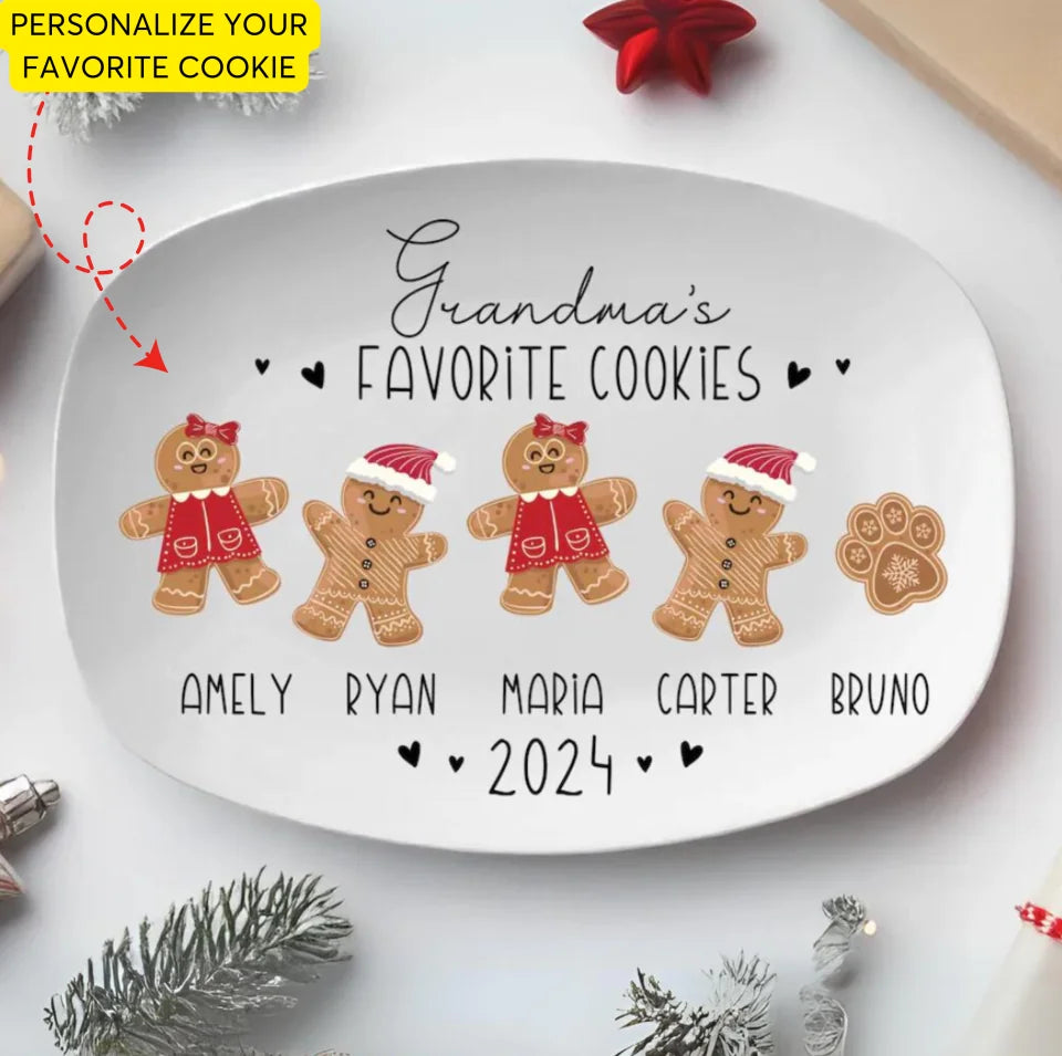 Grandma Gift, Grandma&#39;s Favorite Cookies Plate, Family Platter, Personalized Gingerbread Christmas Plate, Grandma Plate PL02