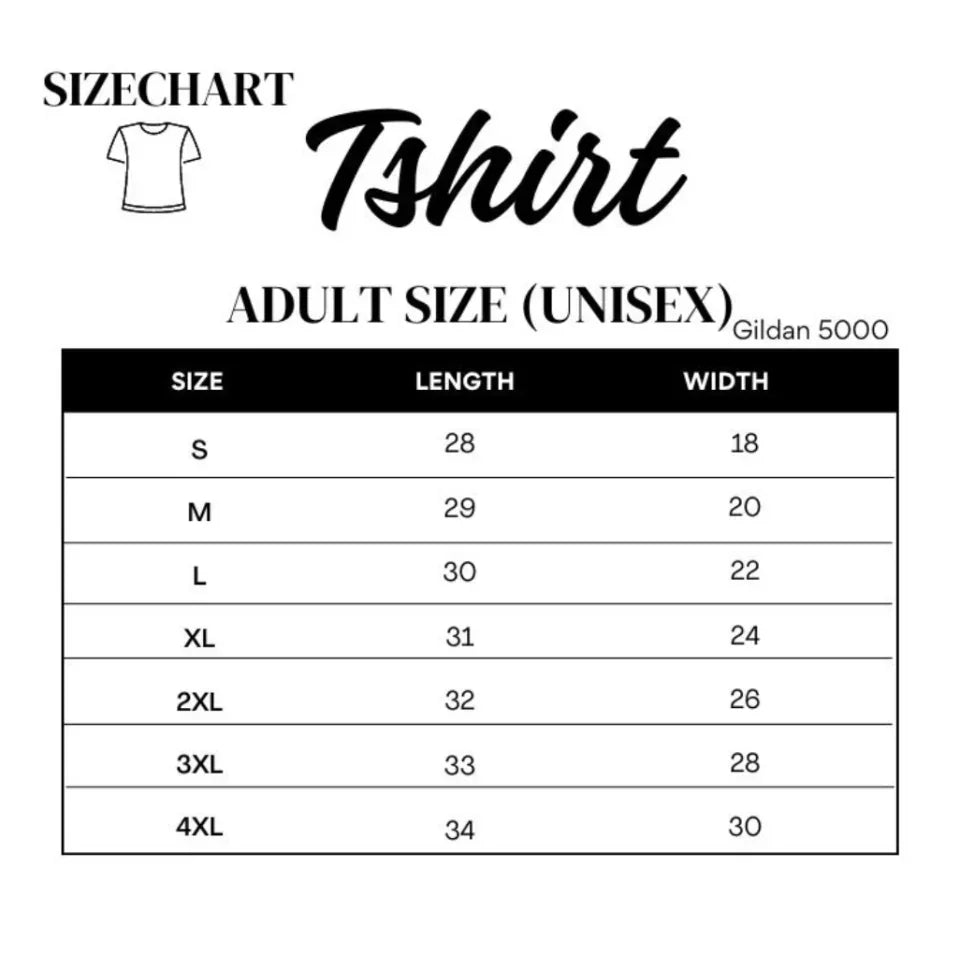 sizechart Gildan 5000 tshirt