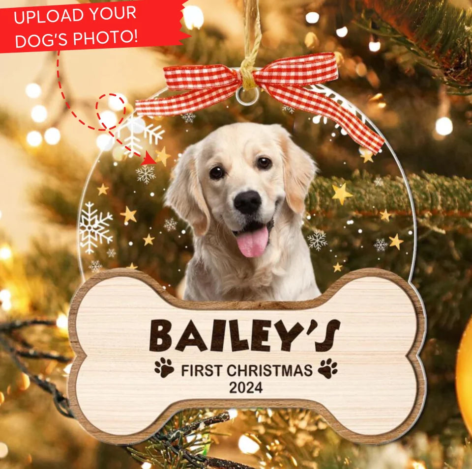Personalized Dog's First Christmas Ornament, Custom Dog Photo Ornament, New Dog Ornament, New Puppy Gift, Dog Bone Ornament, Dog Owner Gift, Acrylic Ornament ON412