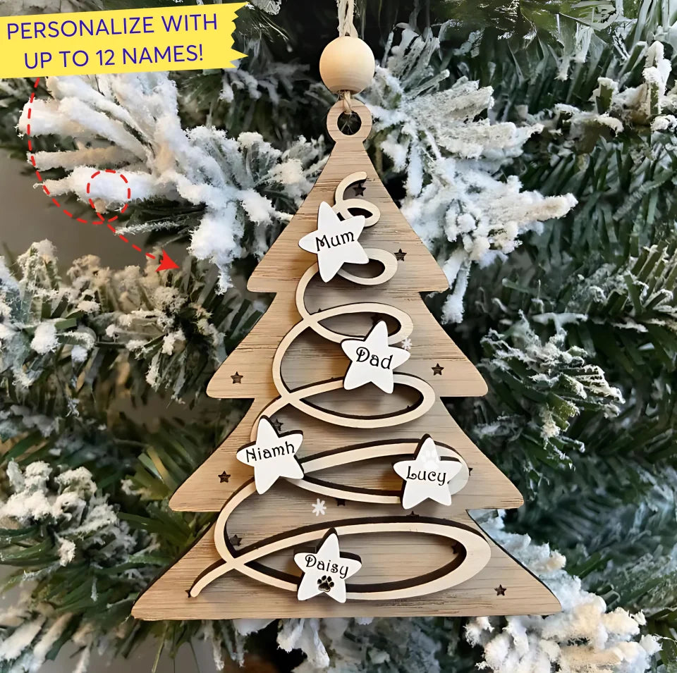 Personalised Family Name Christmas Tree Ornament, Custom 3 Layer Wooden Christmas Tree Decoration, Hanging Decorations Wooden 2 Layer Ornament ON374