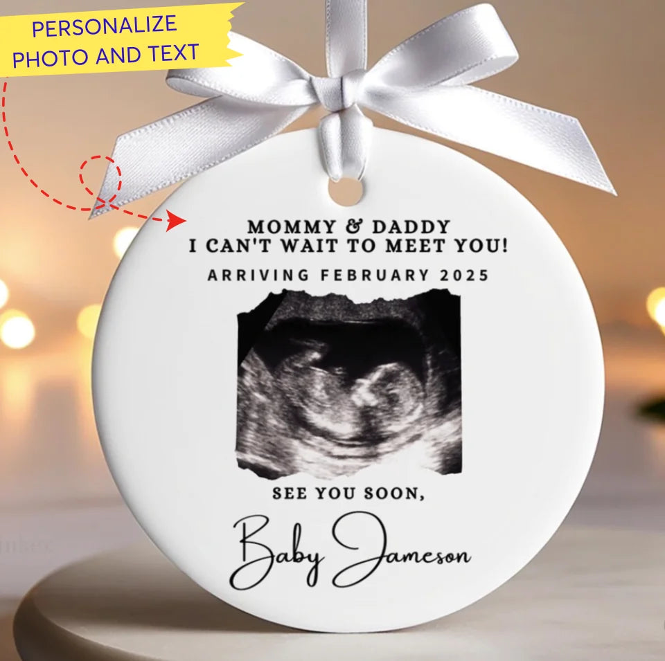 Ultrasound Photo Ornament, Pregnancy Ultrasound Gifts. Merry Christmas Mommy and Daddy See You Soon. Ultrasound Photo Christmas Ornament Ceramic Ornament ON476