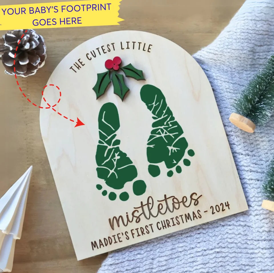 DIY Footprint Art, Baby's First Christmas, Mistletoes Sign, Wooden Kids Craft, Custom Children's Keepsake, Personalized Baby Christmas Decor WKC79