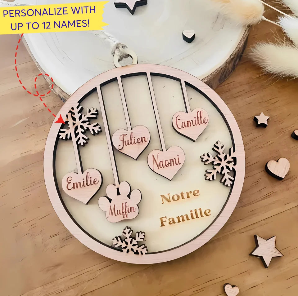 Our Family wooden Christmas ball with dog paw and first names of the whole family, customizable Christmas tree decoration Wooden 2 Layer ON517