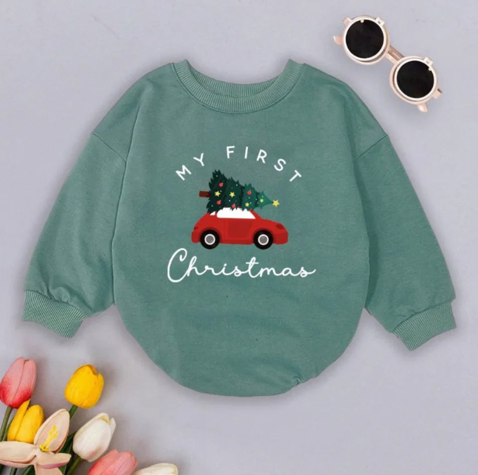 My First Christmas Romper Sweatshirt, Baby’s First Holiday Outfit, Red Car Christmas Tree Bodysuit, Newborn Winter Pullover,Baby Shower Gift BR413