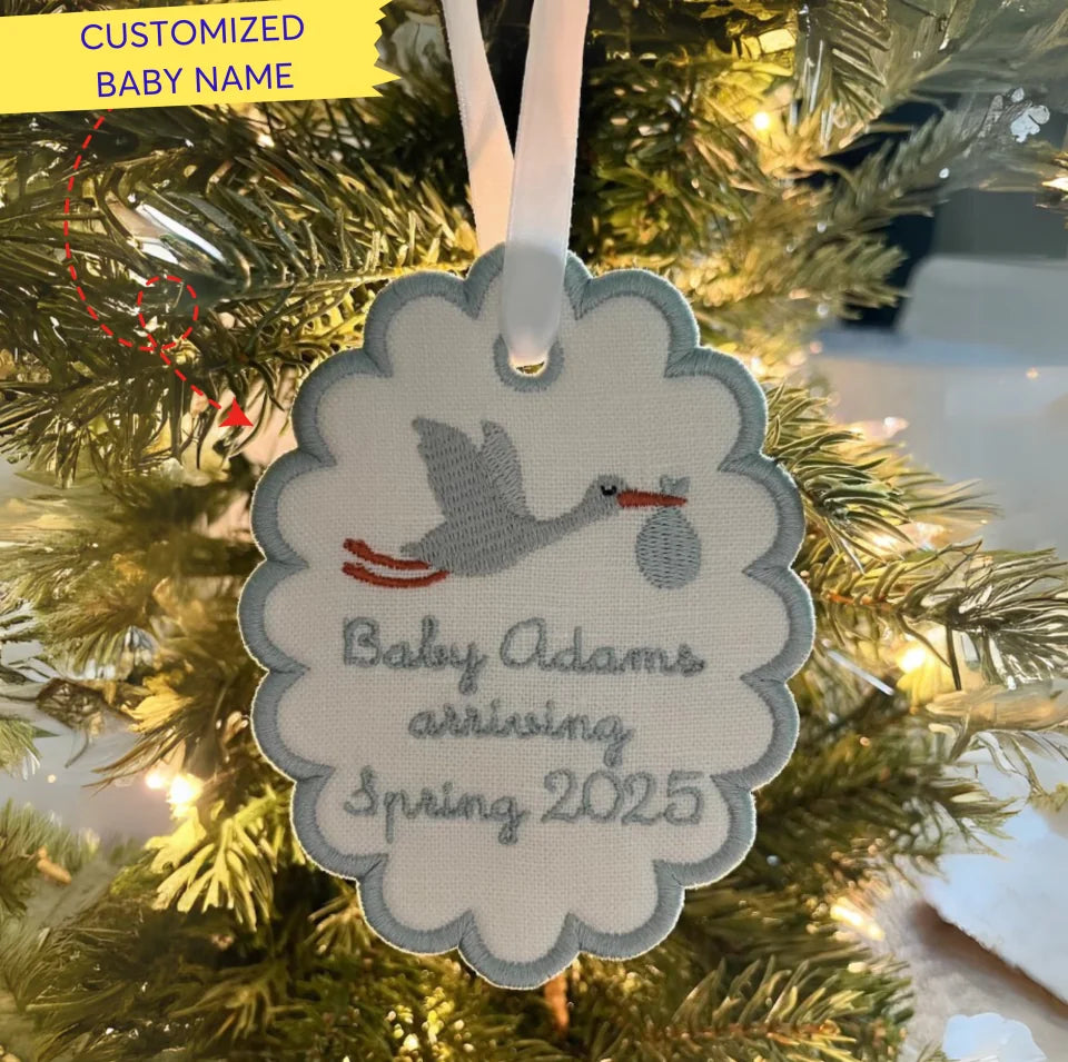 Stork Pregnancy Announcement Custom Embroidered Scallop Christmas Ornament ONEM05