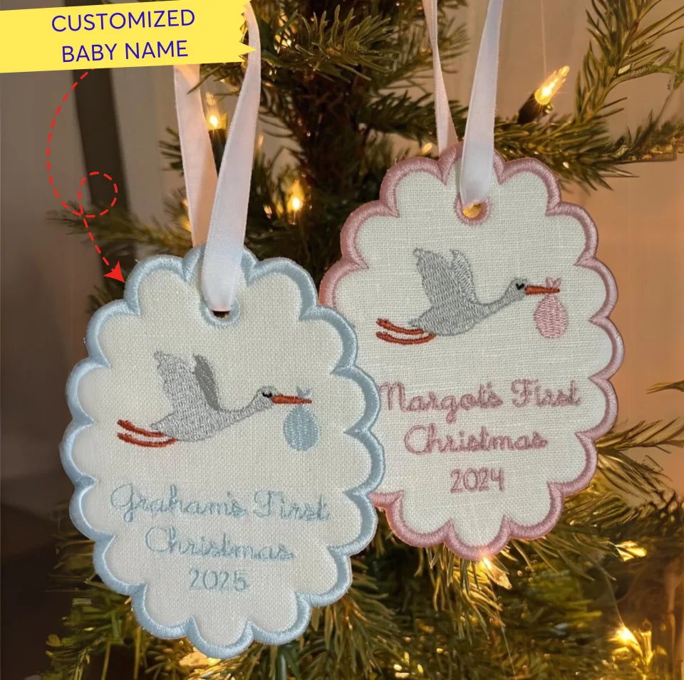 Baby's First Christmas Stork Custom Embroidered Scallop Christmas Ornament ONEM56