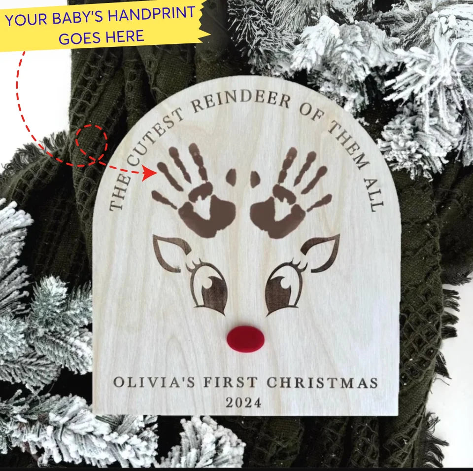 Reindeer Handprint Art, Baby’s First Christmas, Wooden Footprint Kids Craft, Custom Children's Keepsake, Personalized Baby Christmas Decor WK406