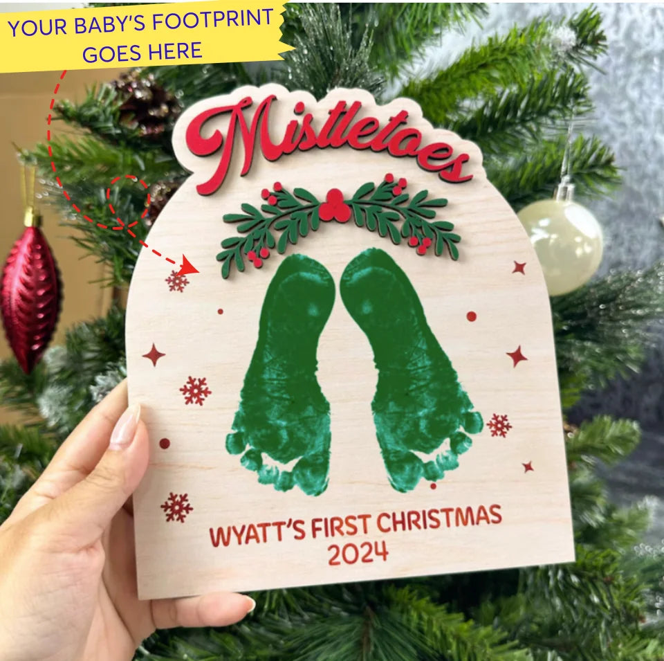 Custom Mistletoes Baby Footprint Plaque, Personalized Baby’s First Christmas Footprint, Christmas DIY Crafts, Baby Keepsake WKC30