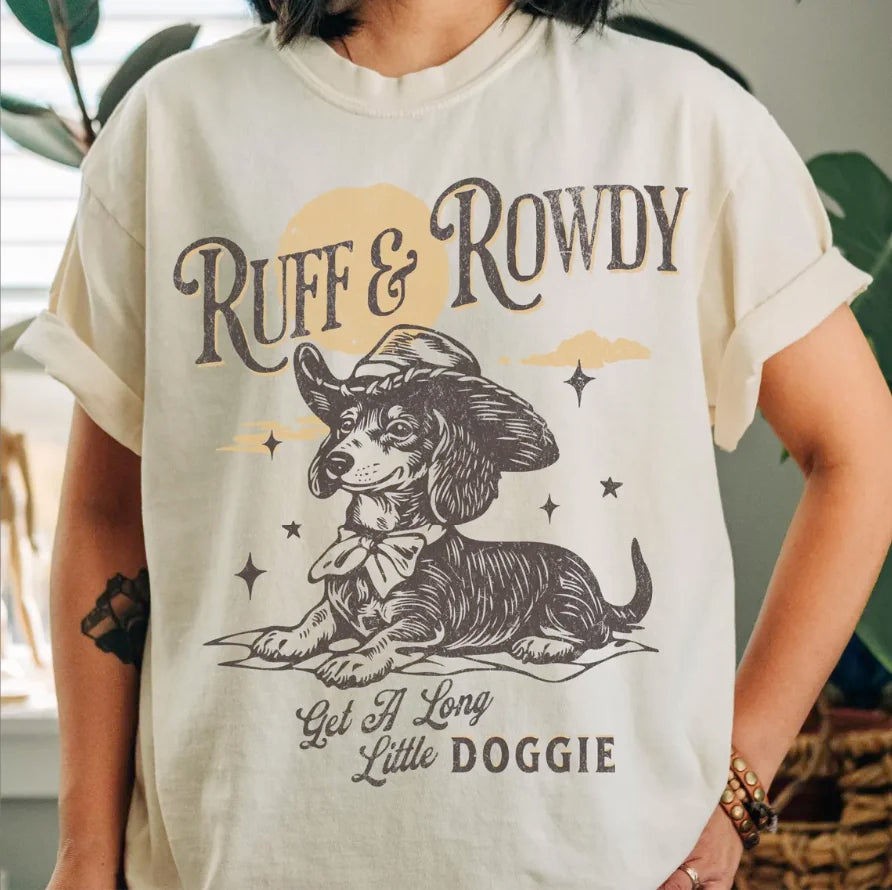 Dachshund Cowboy Shirt, Get a Long Little Doggie, Funny Doxie Mama Gift, Weiner Dog Tee, Sausage Dog T-Shirt, Trendy Western Graphic Tees T712