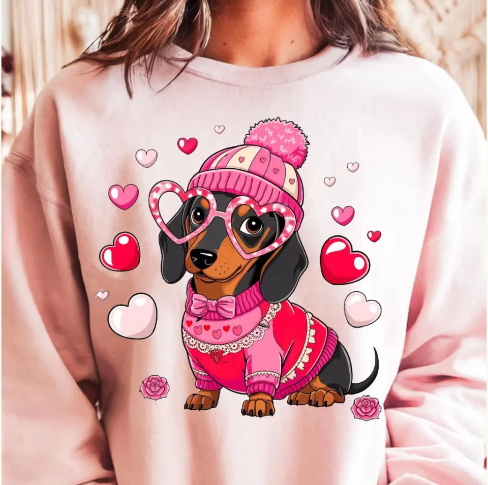 Valentine Dachshund Dog, Sausage Dog sweatshirt, Valentine's Day Dog Mom t-shirt, Love Themed Weiner Dog sweater, Pink Love Puppy Clipart for Crafters T131