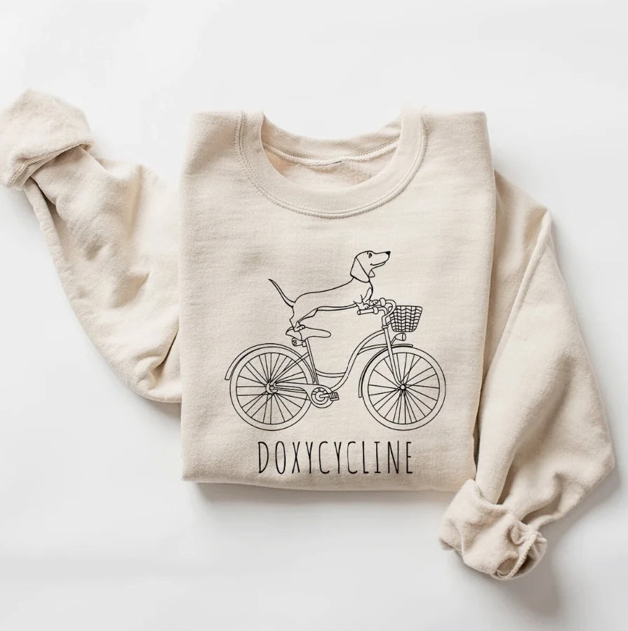 Doxycycline Pharmacy Pun Sweatshirt, Dachshund on Bicycle, Pharmacists Shirt, Pharmacists and Technicians Gift, Veterinary, Pharmacy Gift SW714