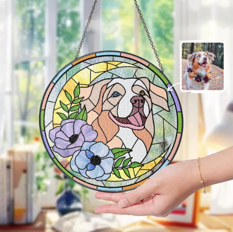 Custom Pet Portrait Glass Suncatcher, Dog Cat Glass Art, Pet Window Hangings, Pet Portrait From Photo, Pet Memorial Gift, Pet Lover Gift WSG768