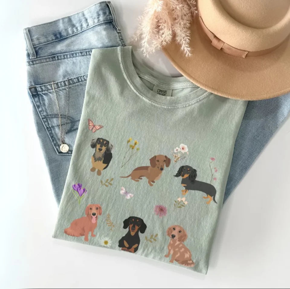 Dachshund cottagecore t shirt, doxie shirt, long haired dachshund, dachshund mom, dachshund gift, dachshund, cottage core, botanical shirt T682