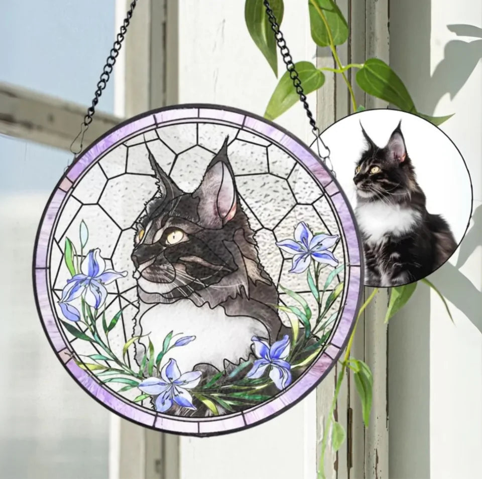 Custom Pet Portrait Stained Glass Suncatcher, Stained Glass cat Memorial, Custom cat Portrait from Photo, pet loss gifts , Stained glass cat WSG973