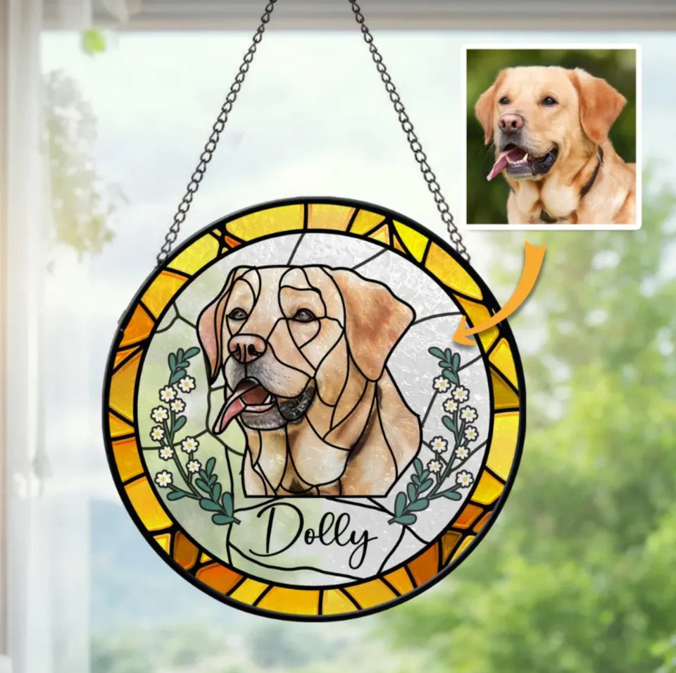 Custom Pet Portrait Stained Glass Suncatcher, Stained Glass Dog Memorial, Custom Dog Portrait from Photo, Sympathy Gifts, Stained glass dog WSG071