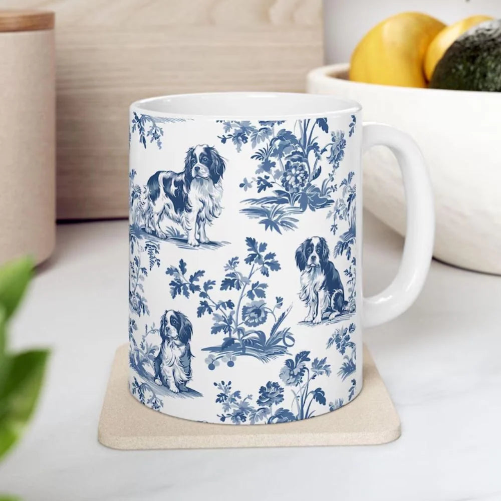 Cavalier King Charles Spaniel French Toile de Jouy Mug - Blue Toile Coffee Cup for Cavalier Mom, Cavalier Lover Gifts, Dog Tea Drinkware