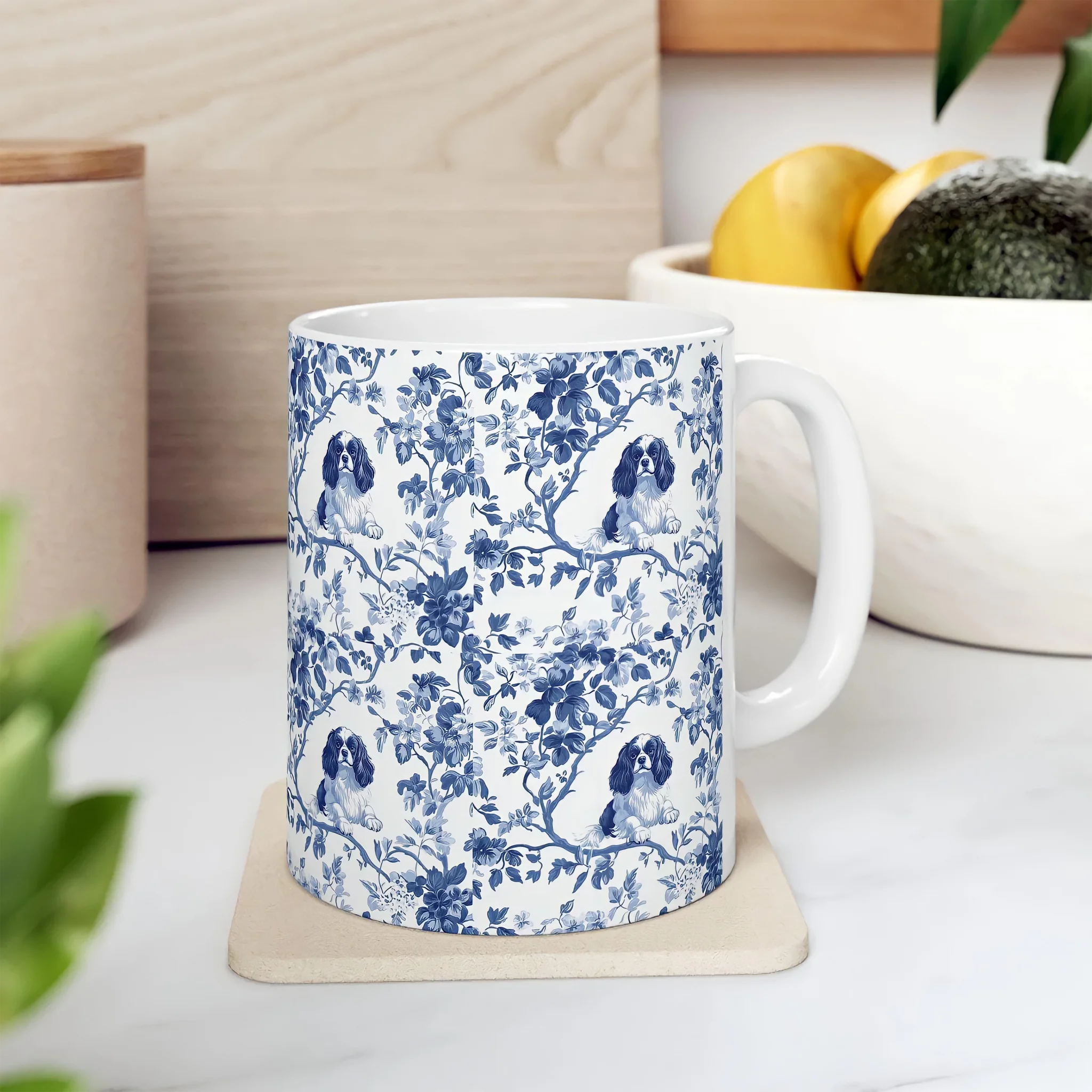 Cavalier King Charles Spaniel French Blue Toile de Jouy Mug, Blue toile de jouy Mug, Cavalier mug, Cavalier Spaniel Gift, Cavalier Spaniel