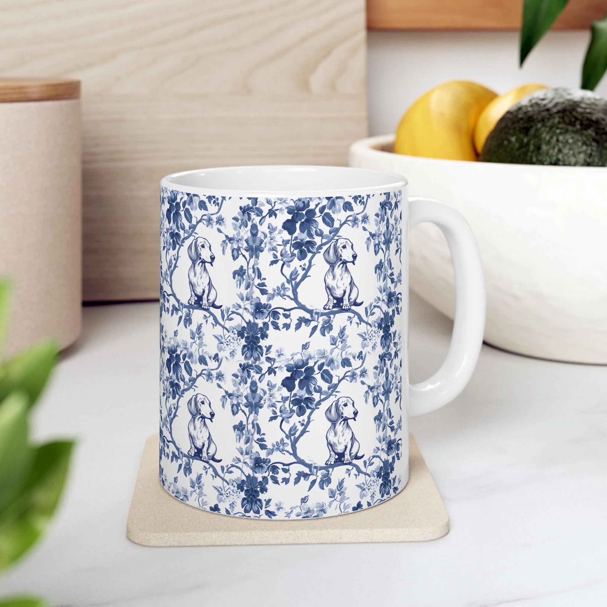 Blue Toile Coffee Cup for Doxie Mom, Sausage Dog Lover Gifts, Dog Tea, Drinkware Dachshund French Toile de Jouy Mug