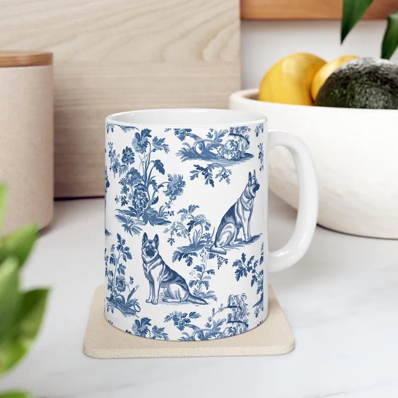 German Shepherd French Toile de Jouy Mug - Elegant Blue Toile Coffee Cup for German Shepherd Mom, Dog Lover Gifts, Ceramic Dog Tea Drinkware