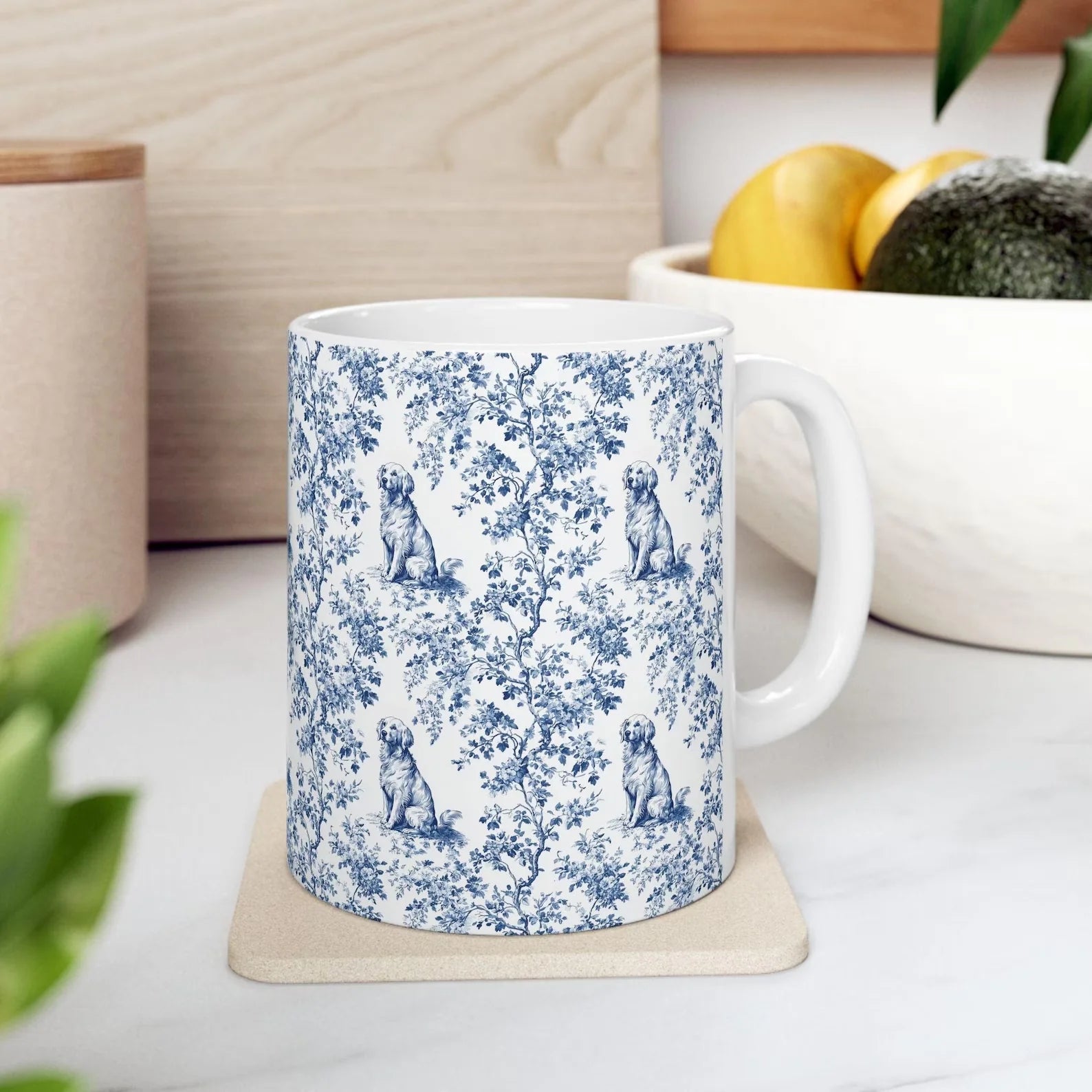 Golden Retriever French Toile de Jouy Mug - Elegant Blue Toile Coffee Cup for Golden Mom, Golden Retriever Lover Gifts, Dog Lover Coffee Mug