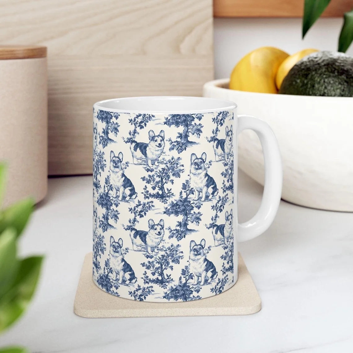 Corgi French Toile de Jouy Mug - Elegant Blue Toile Coffee Cup for Corgi Mom, Corgi Welsh Pembroke Gifts, Dog Lover Coffee Tea Cup Drinkware