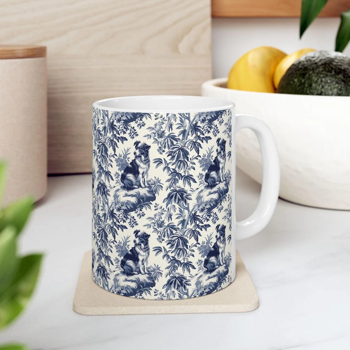 Australian Shepherd French Toile de Jouy Mug - Elegant Blue Toile Coffee Cup for Aussie Mom, Aussie Dog Lover Gifts, Pet Coffee Mug