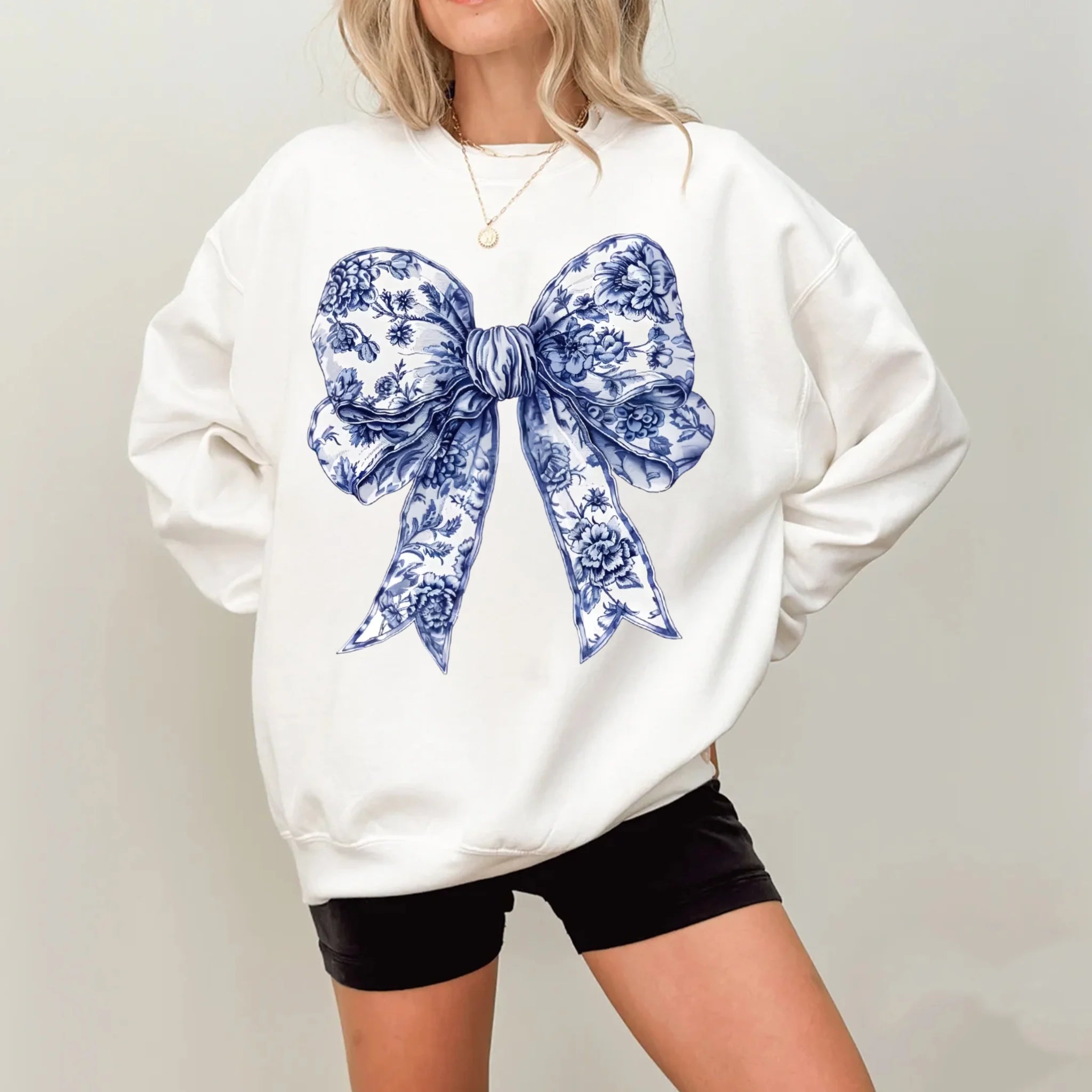 Toile De Jouy Coquette Bow Sweatshirt, Blue Ribbon Sweater, Girly Aesthetic Crewneck, Blue Toile Bow Shirt, Women Sweatshirt, Gift for Her