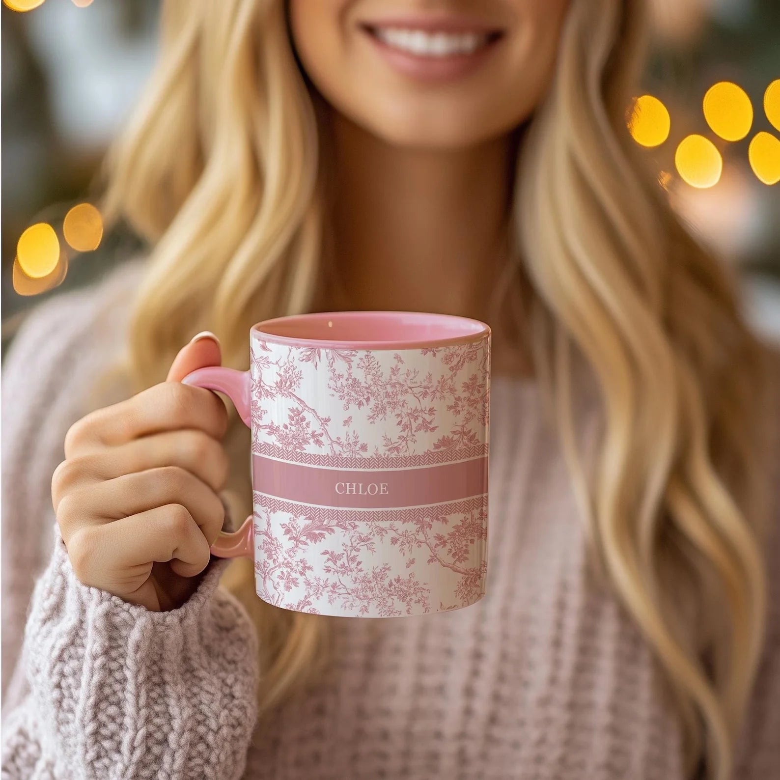 Personalized Name Mug – Pink Toile Design | Custom Coffee Cup, Elegant Vintage-Inspired Gift for Her, Bridal Party Favor, Teen Girl