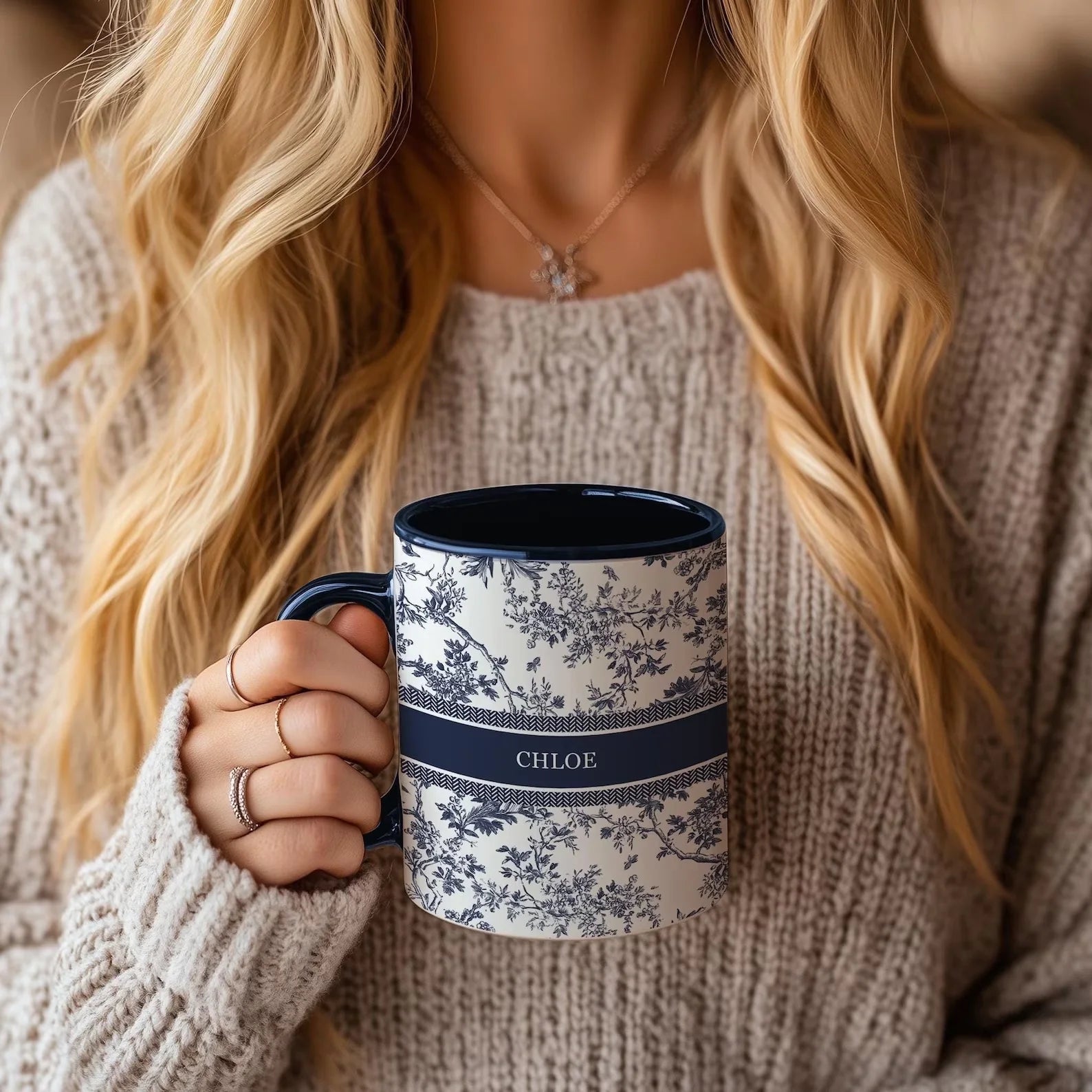 Personalized Name Mug – Blue Toile Design | Custom Coffee Cup, Elegant Vintage-Inspired Gift for Her, Bridal Party Favor, Teen Girl