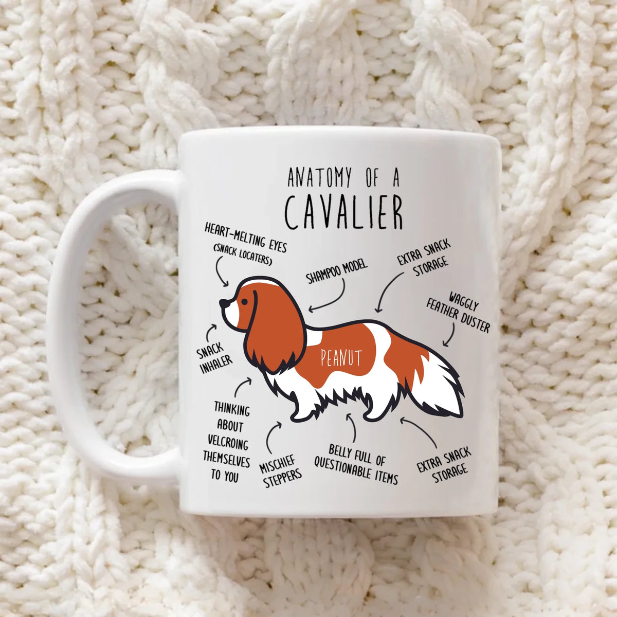 Cavalier King Charles Spaniel Coffee Mug, Cute Tri-Color Cav Gift, Dog Lover, Funny Gift for Her, Him, Pet Animal, Dog Mom, Dog Dad, Anatomy