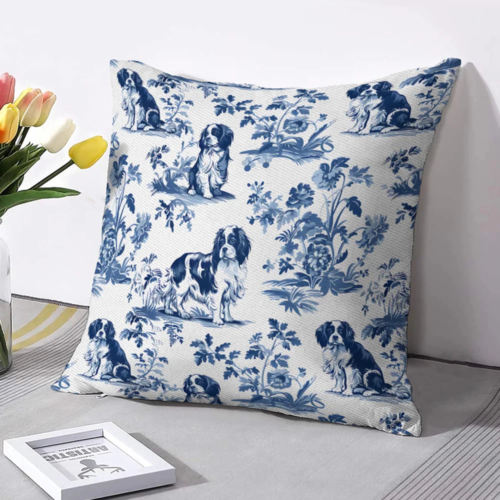 Cavalier King Charles Spaniel French Toile de Jouy Pillow Cover - Blue Toile Pillow Cover for Cavalier Mom, Cavalier Lover Gifts Pillow Cover One Side Print