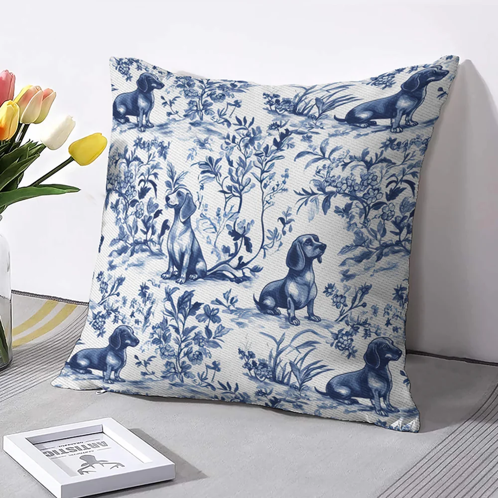 Dachshund French Toile de Jouy Pillow Cover - Blue Toile Pillow Cover for Doxie Mom, Sausage Dog Lover Pillow Cover One Side Print