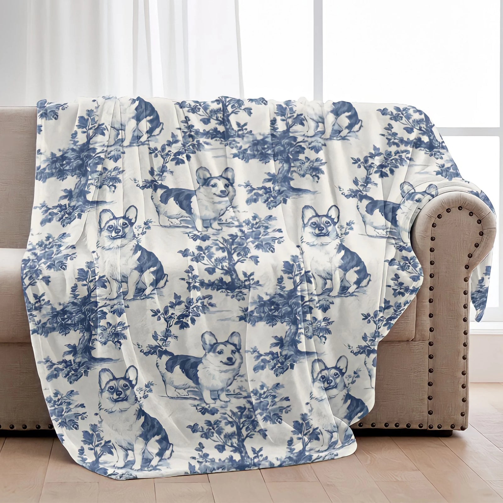 Corgi French Toile de Jouy Blanket - Elegant Blue Toile for Corgi Mom, Corgi Welsh Pembroke Gifts, Dog Lover