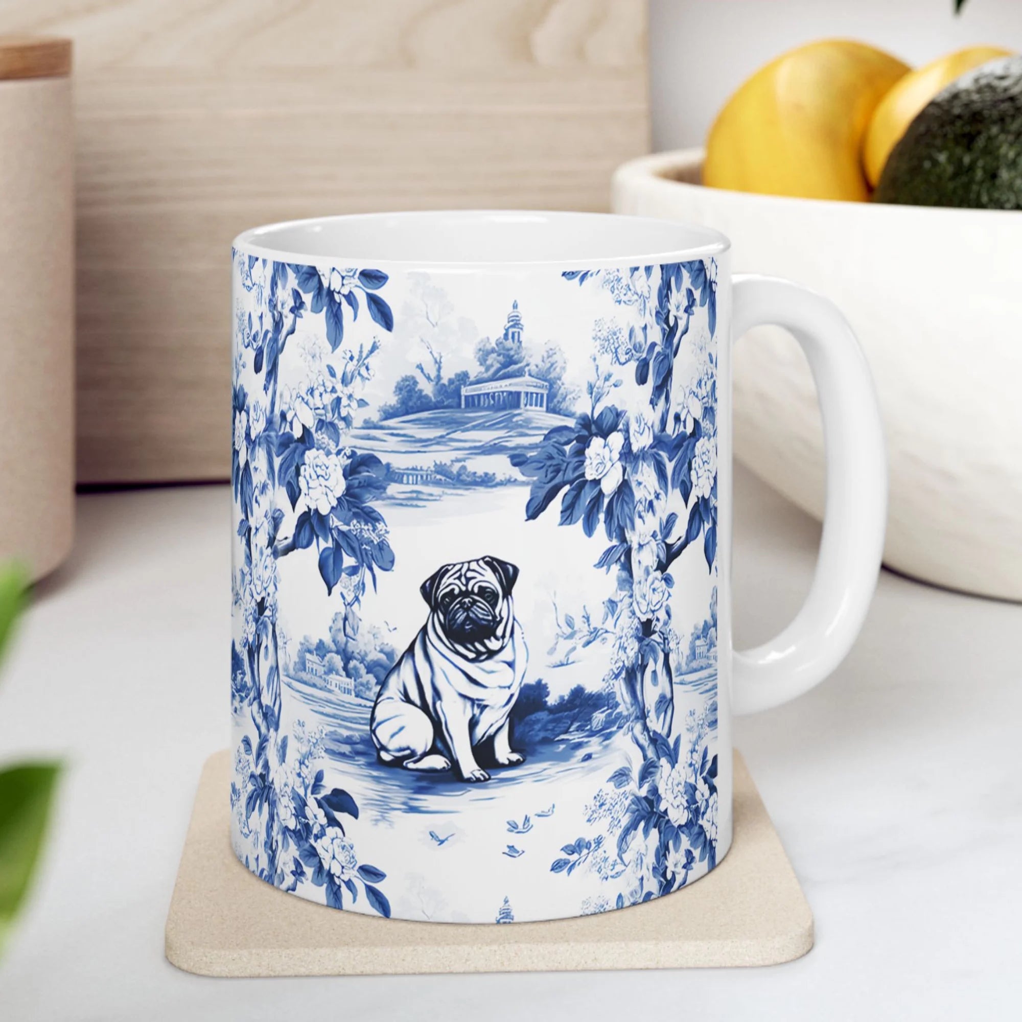 Pug Toile II Drawing Mug, Coffee or Tea Cup, Blue and White, Chinoiserie Porcelain Inspired, Gift for Pug Owner or Dog Lover