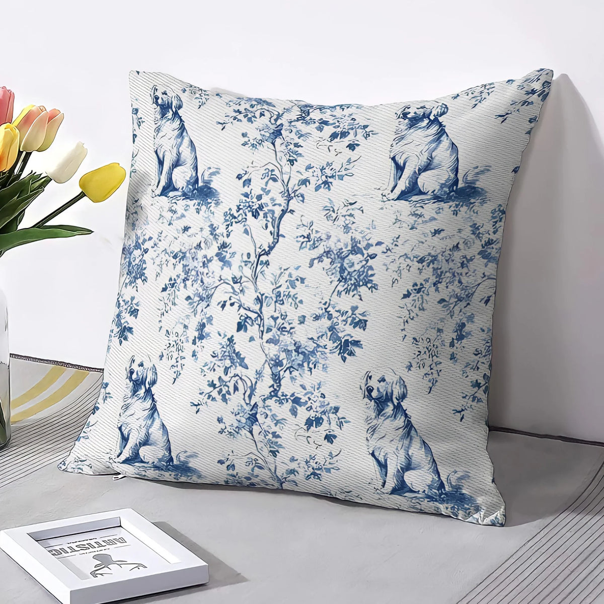 Golden Retriever French Toile de Jouy Pillow Cover - Elegant Blue Toile for Golden Mom, Golden Retriever Lover Gifts, Dog Lover