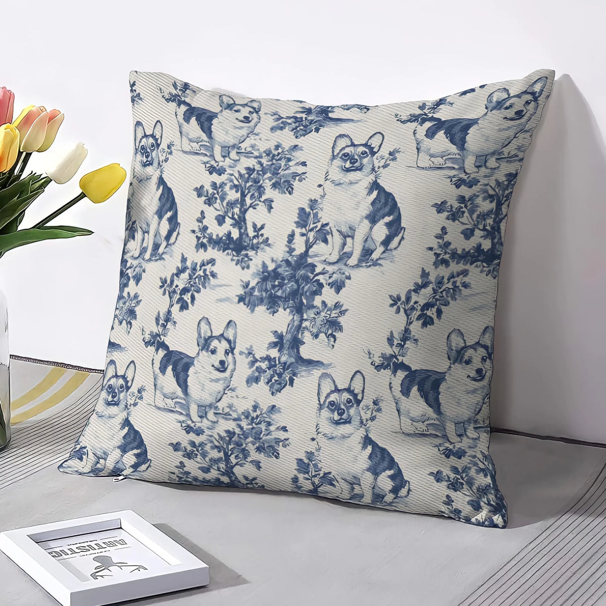 Corgi French Toile de Jouy Pillow Cover - Elegant Blue Toile for Corgi Mom, Corgi Welsh Pembroke Gifts, Dog Lover Drinkware