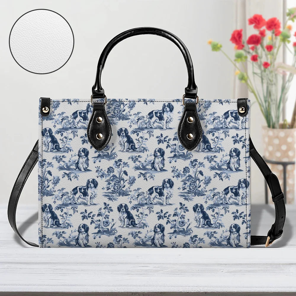 Cavalier King Charles Spaniel French Dog Toile de Jouy Top-Grain Leather Handbag, Dog Lover Gift, Cavalier Lover