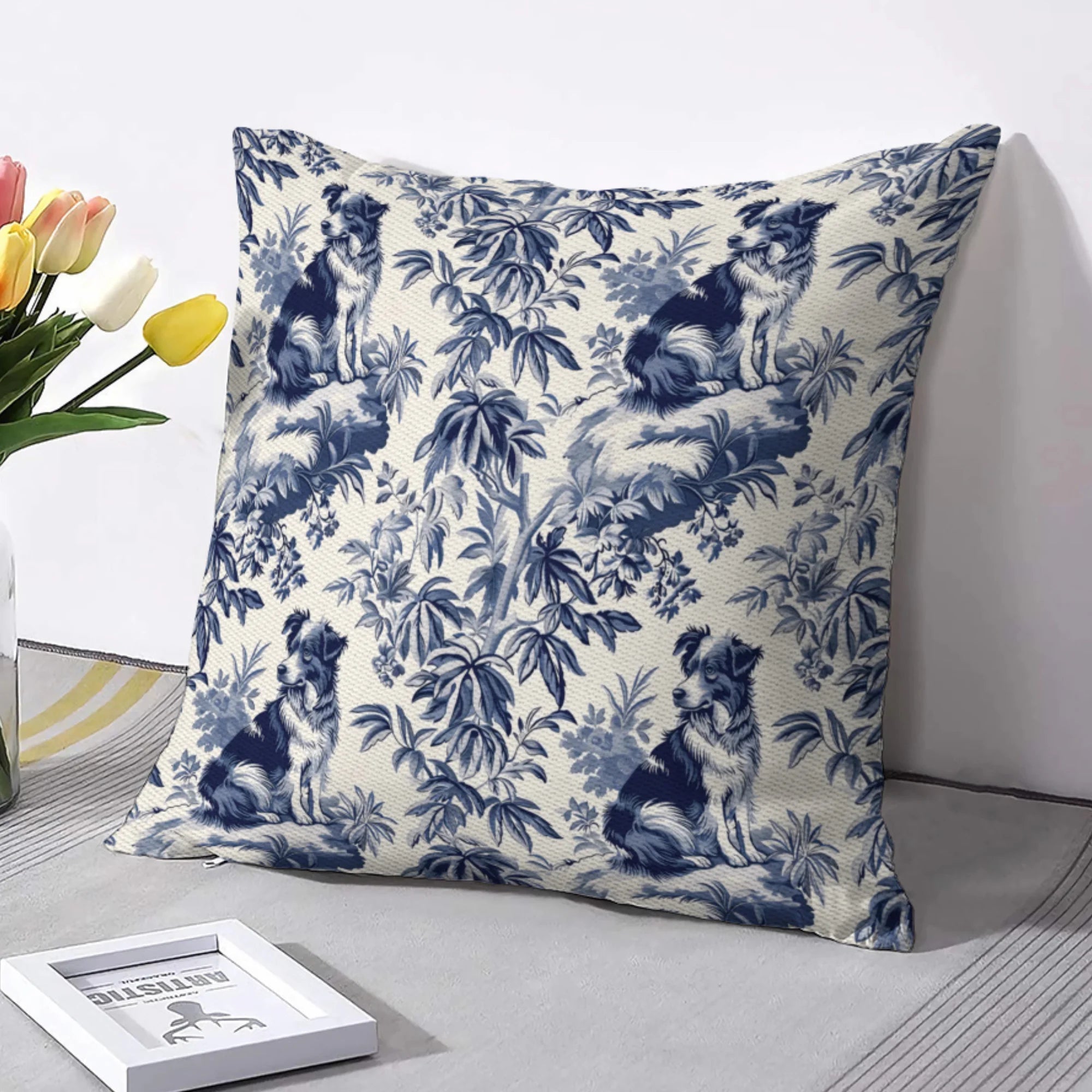 Australian Shepherd French Toile de Jouy Pillow Cover - Elegant Blue Toile for Aussie Mom, Aussie Dog Lover Gifts