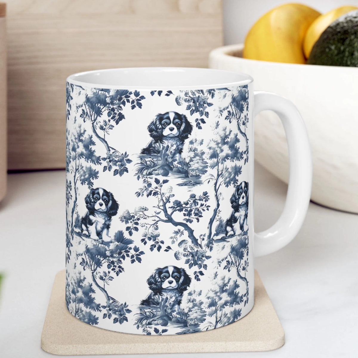 Cavalier King Charles Mug Toile Coffee Cup French Style Dog Lover Gift Elegant Blue and White Ceramic Tea Cup