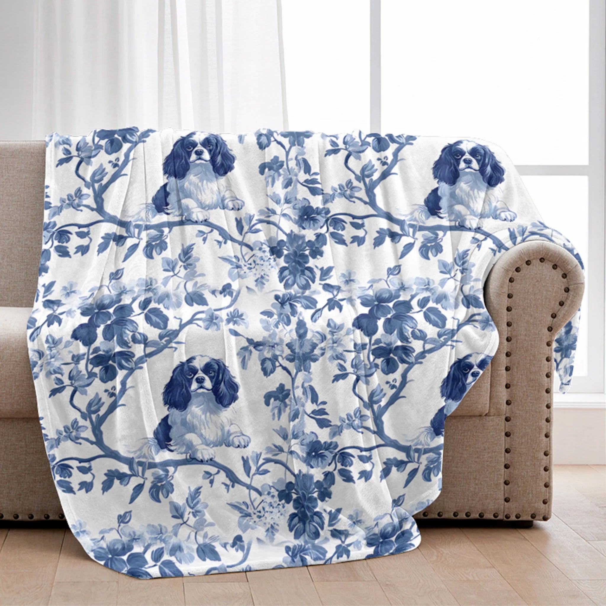 Cavalier King Charles Spaniel French Blue Toile de Jouy Blanket, Blue toile de jouy Blanket, Cavalier Blanket, Cavalier Spaniel Gift, Cavalier Spaniel