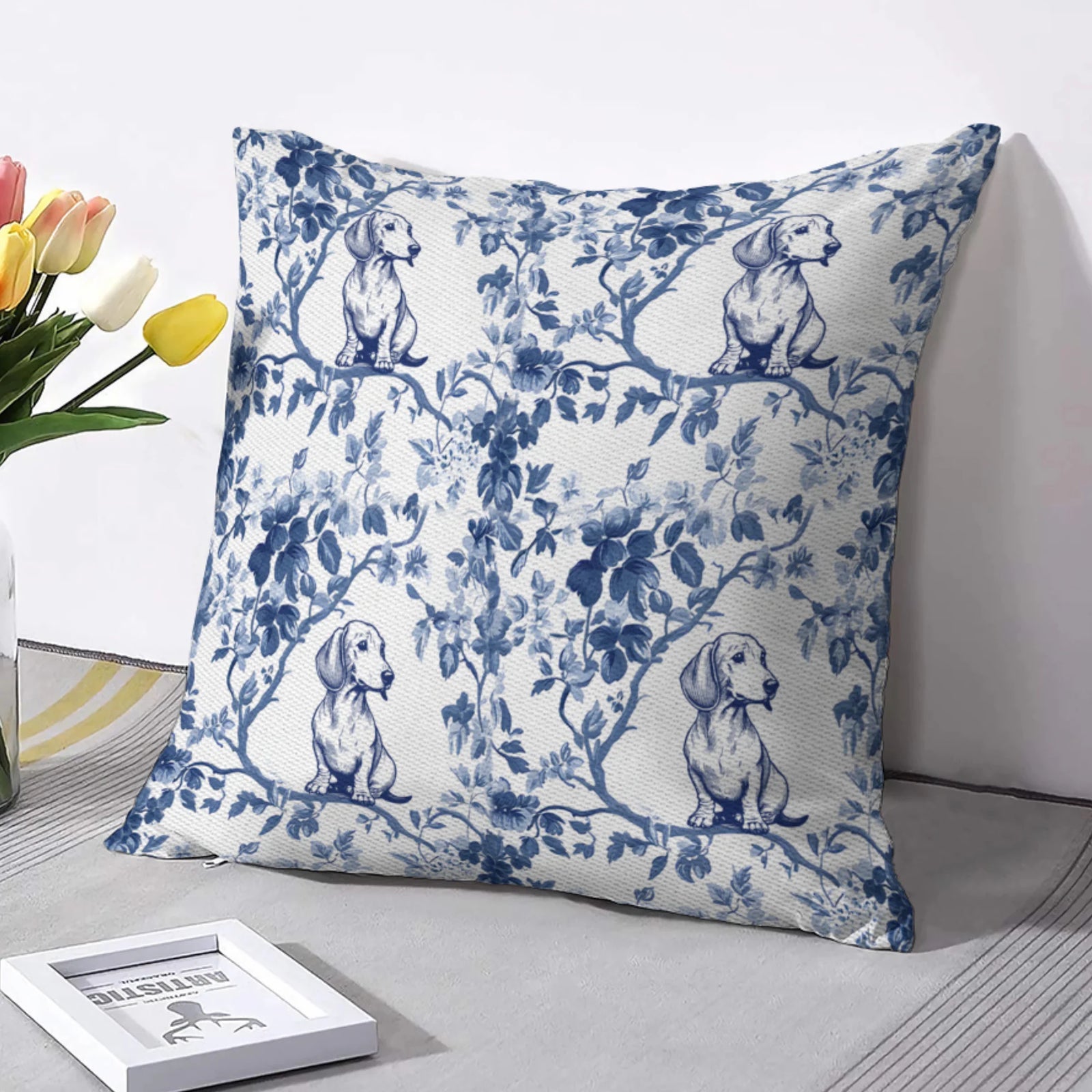 Blue Toile Pillow Cover for Doxie Mom, Sausage Dog Lover Gifts, Dachshund French Toile de Jouy Pillow Cover