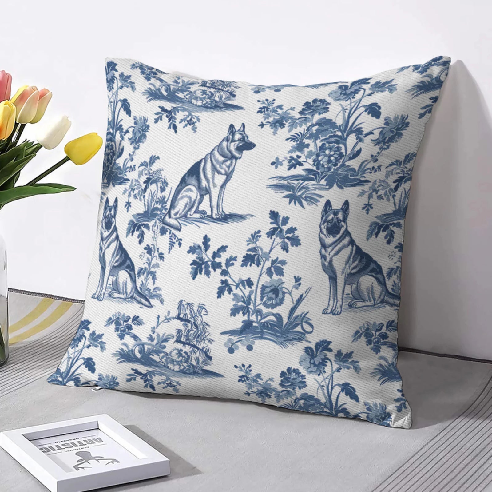 German Shepherd French Toile de Jouy Pillow Cover - Elegant Blue Toile Pillow Cover for German Shepherd Mom, Dog Lover Gifts