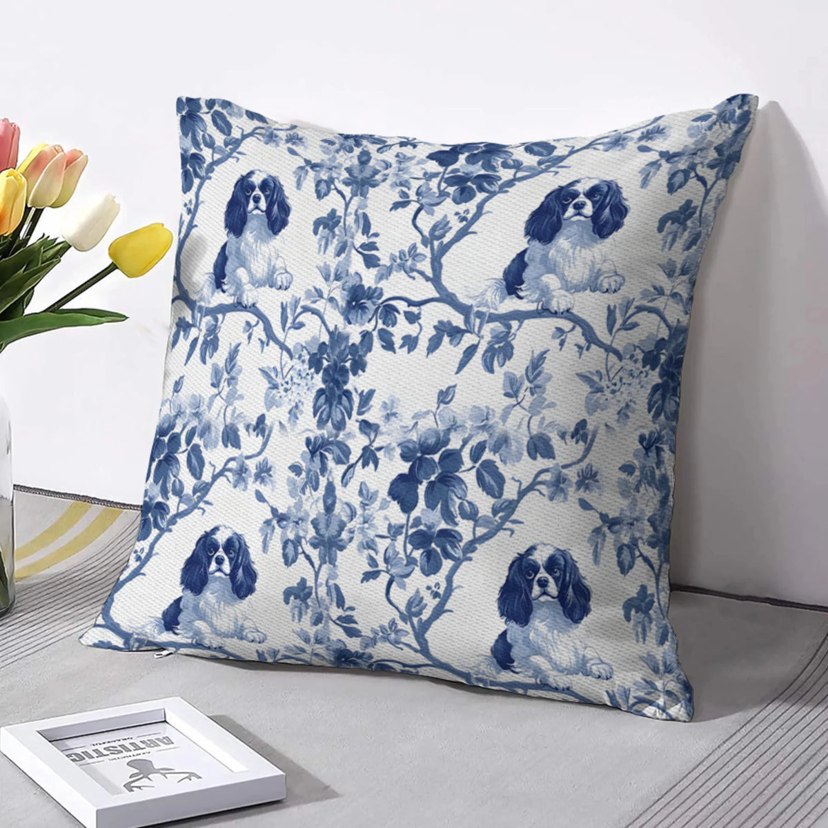 Cavalier King Charles Spaniel French Blue Toile de Jouy Pillow Cover, Blue toile de jouy Pillow Cover, Cavalier Pillow Cover, Cavalier Spaniel Gift, Cavalier Spaniel