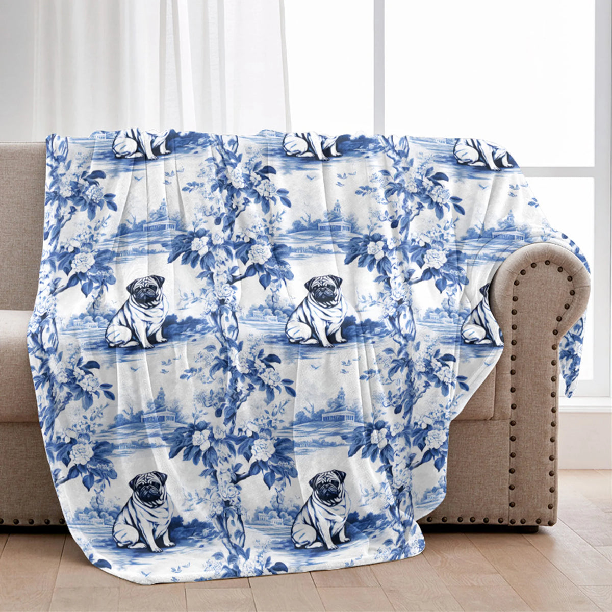 Pug Toile II Drawing Blanket, Blue and White, Chinoiserie Porcelain Inspired, Gift for Pug Owner or Dog Lover